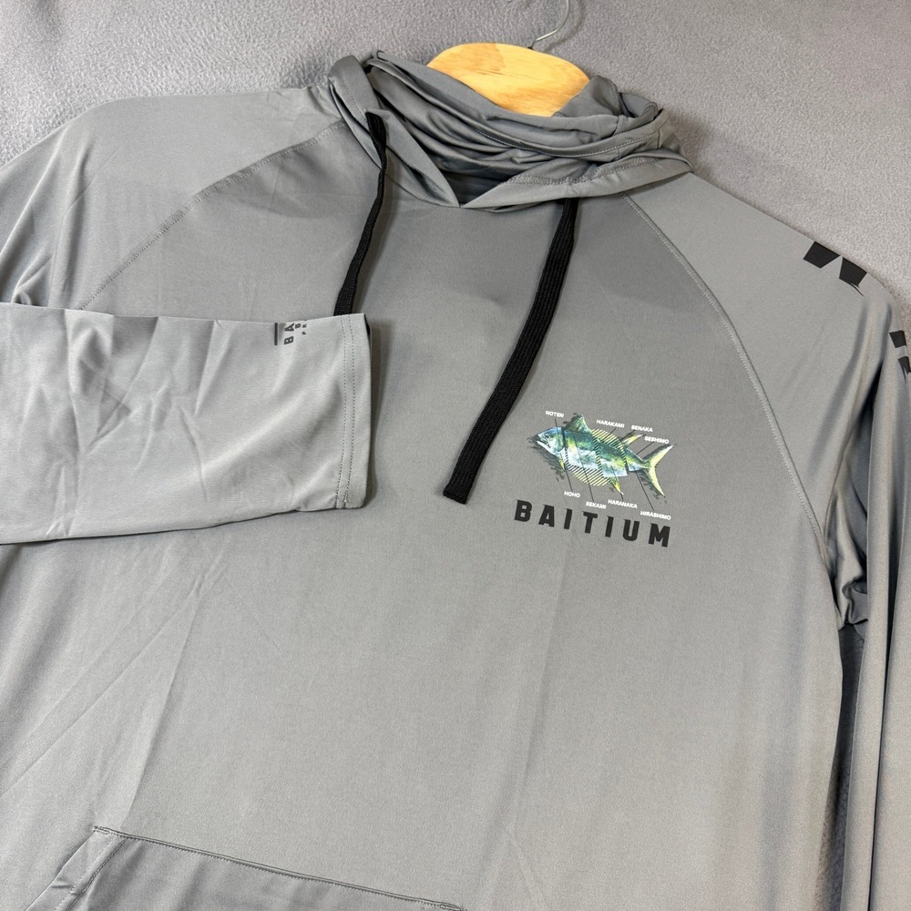 Baitium Mens XXL Elite Performance Fishing Hoodie UPF 50+ Grey Gaiter Pocket